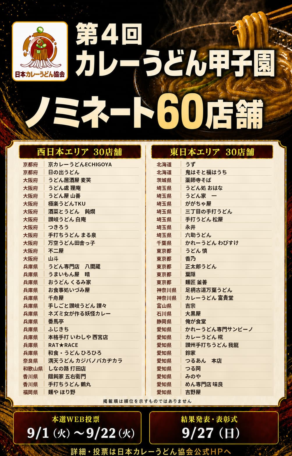 第4回カレーうどん甲子園 ノミネート60店舗発表ポスター（東日本30店舗・西日本30店舗の一覧と、本選WEB投票9月1日から9月22日・結果発表9月27日の日程）